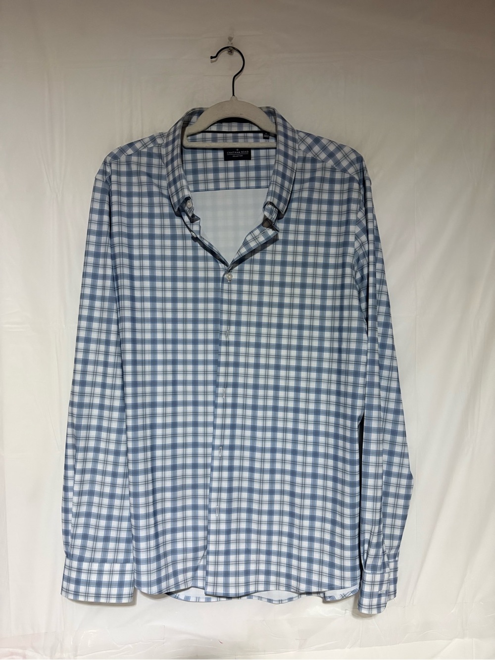Chatham Road men’s  Light Blue Plaid Button-Down Shirt, comfort stretch.